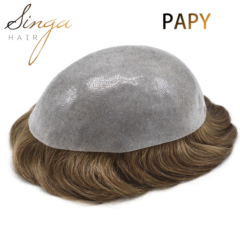 SINGA HAIR Mens Toupee Hair System 0.12mm Durable Full Poly Human Hair Piece for Men Full Skin Clear Poly Mens Toupee All V-looped Hairpiece For Men