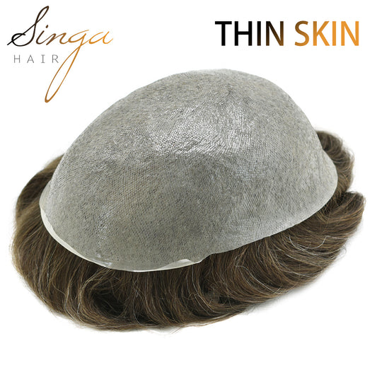 SINGA HAIR US Stock 0.06mm Ultra Thin Skin Hair System for Men V-Looped Knots Mens Hairpieces Toupee for Men